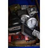 Ten modern clocks, a 1/38 scale die cast car and two pen knives etc.