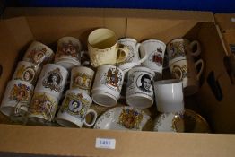 A collection of mainly QE11 Coronation ware mugs, plates and saucers. Also includes a beer tankard.