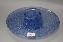 A vintage blue studio art glass bubble bowl in the form of a squat mushroom.