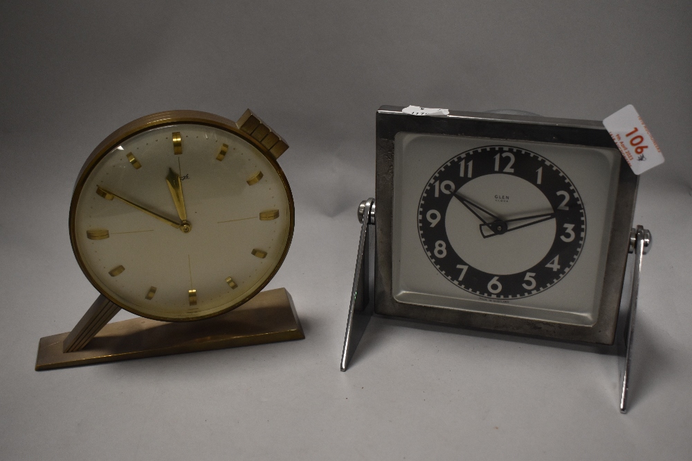 Two mid century stylised clocks, including chrome finish, Scottish made Glen clock and brass
