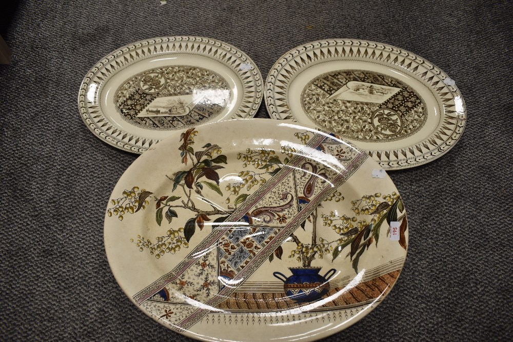 Three antique ceramic serving dishes having transfer printed designs.