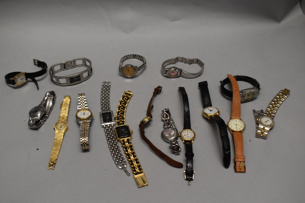 A bog of modern men's and ladies wristwatches including CK, Chanel and Romance