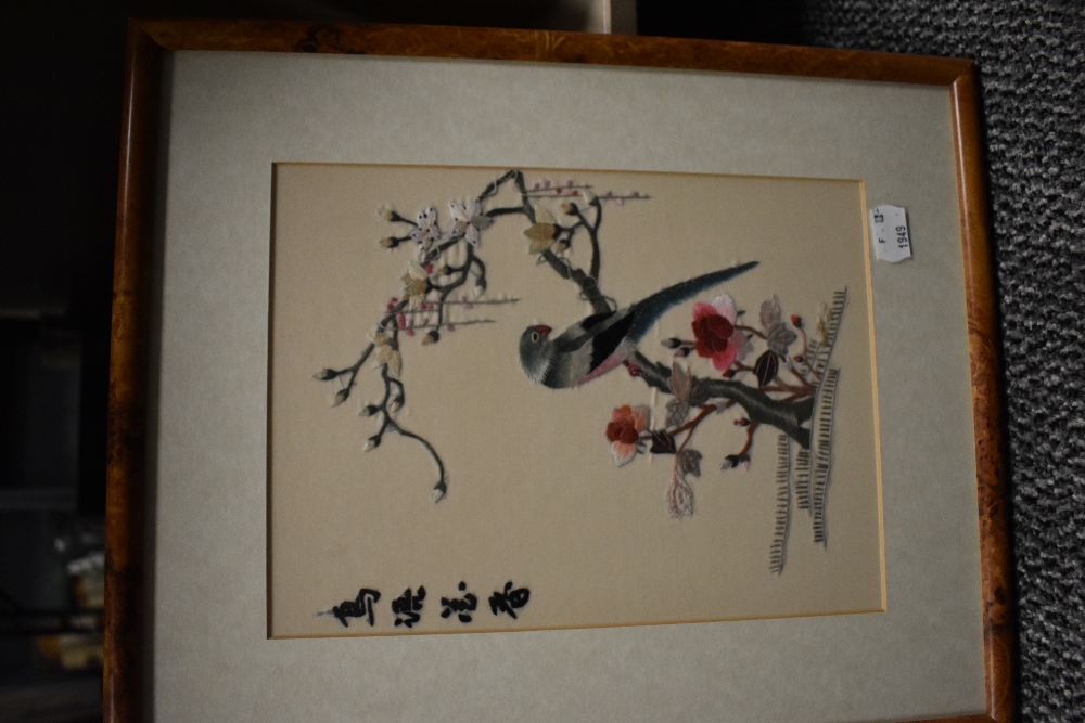 Two 20th century Chinese silk screen embroidered panels of birds of paradise. - Image 3 of 3