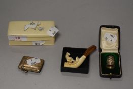 A selection of curios including meerschaum pipe with a HM silver vesta case and thimble.