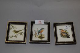 Three Jan Mere Studio miniature porcelain painted plaques of English birds.