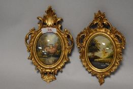 Two vintage miniature Italian oil paintings in gilt and gesso style frames.