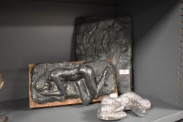 Three modernist nude sculptures, including heavy lead lady in sleeping postition and fibreglass