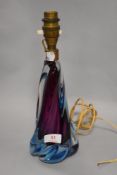 A mid century Italian Murano glass lamp base in purple and blue glass. 30cm tall.