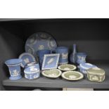 A selection of 20th century Wedgwood Jasperware in pale blue and sage grounds.
