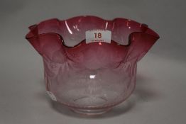 A Victorian Ruby glass fade oil lamp shade with finely etched detail of flowers. No chips or