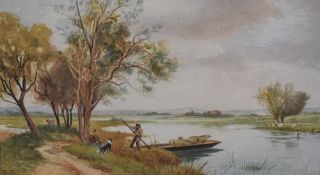 S.G (unknown, 19th/20th century) watercolours, depicting a shepherd punting sheep across a river,