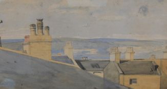 A 20th century watercolour, unknown artist, a view over roof tops with fells beyond most likely