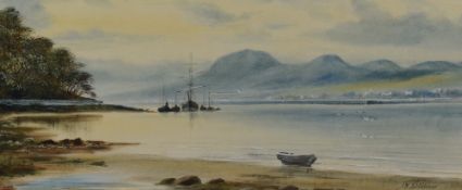 J.W Stedman (British 19th/20th century) watercolours, estuary scene with moored/anchored boars,