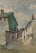 Robin Wallace (British 1897-1952) watercolours 'Flag Street' street scene with lone female figure,