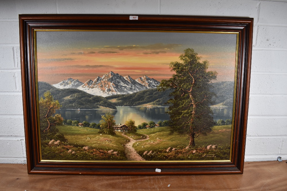 A 20th century oil on canvas, German Alpine lake scene, signed H.Franke lower right, within a - Image 2 of 4