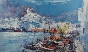 After Jordi Mercade Farres (Spanish 1923-2005) a polychrome contemporary impressionistic harbour