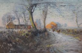 Albert Woods (1871-1944), pastels with contemporary feel, Cattle on a rural lane with farm buildings