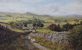 After Keith Melling (Local Contemporary) colour print, rural scene with droving sheep, signed in