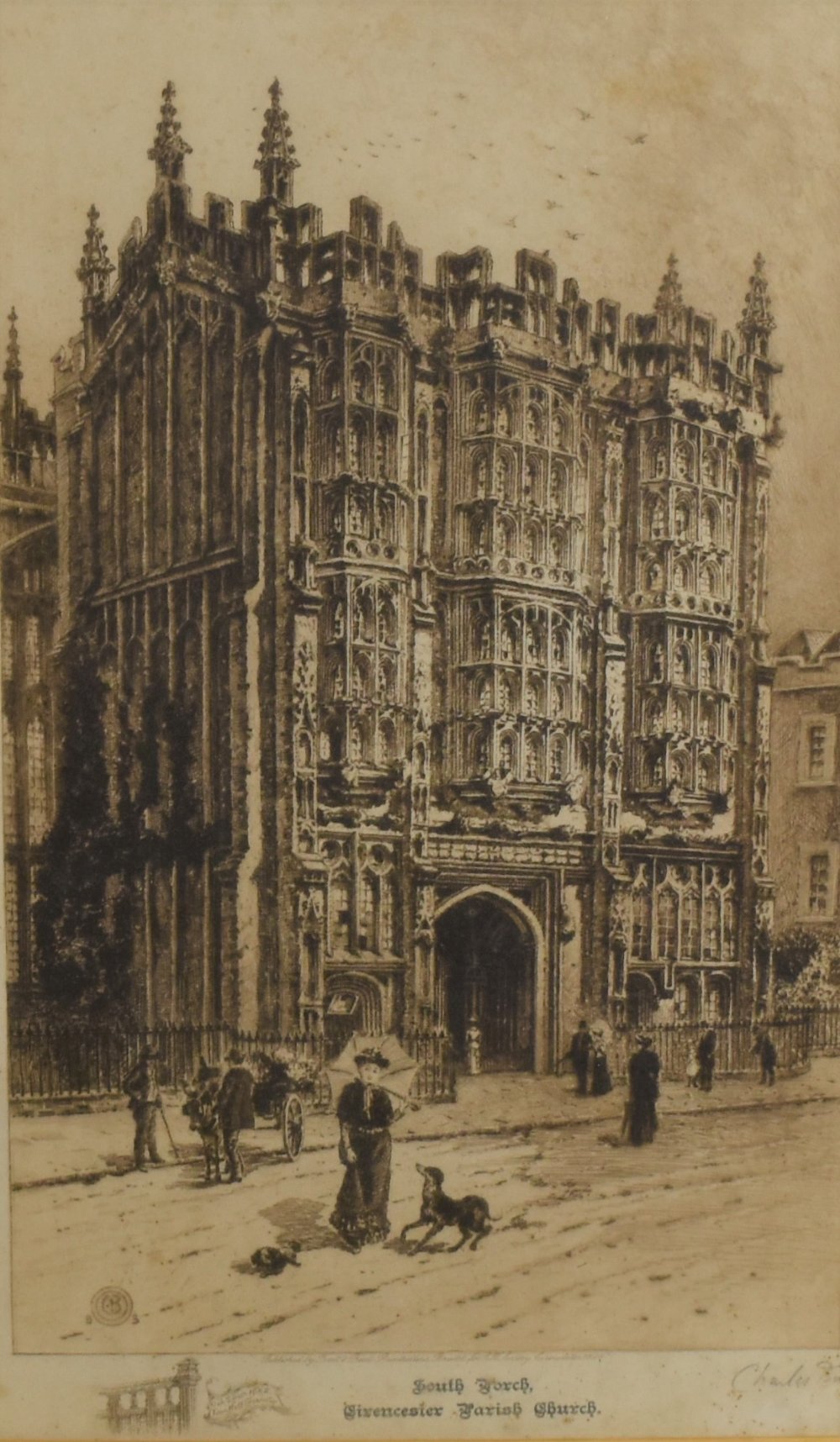 A Victorian monochrome engraving 'South Porch Cirencester Parish Church' published by Frost &