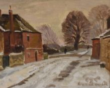 William Warden R.B.A (British 1908-1982) oil on board, entitled 'Snow in Winchelsea' Romney Cottage,