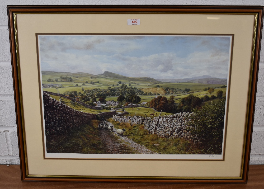 After Keith Melling (Local Contemporary) colour print, rural scene with droving sheep, signed in - Image 2 of 3