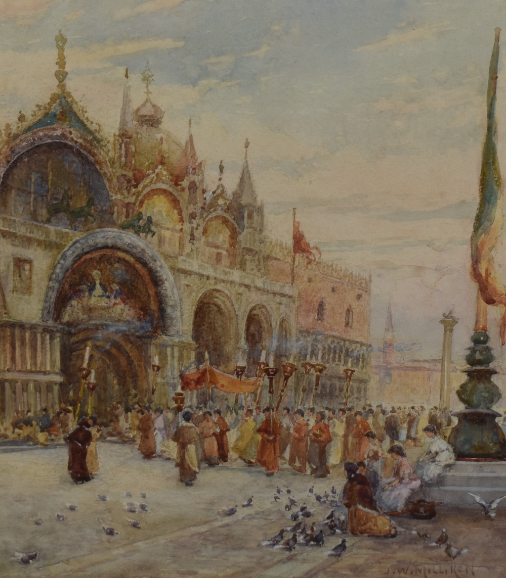 James William Milliken (1887-1930) watercolour, religious procession in front of St. Mark's