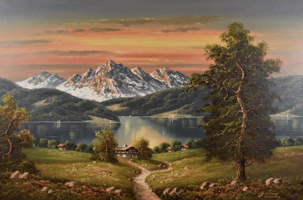 A 20th century oil on canvas, German Alpine lake scene, signed H.Franke lower right, within a