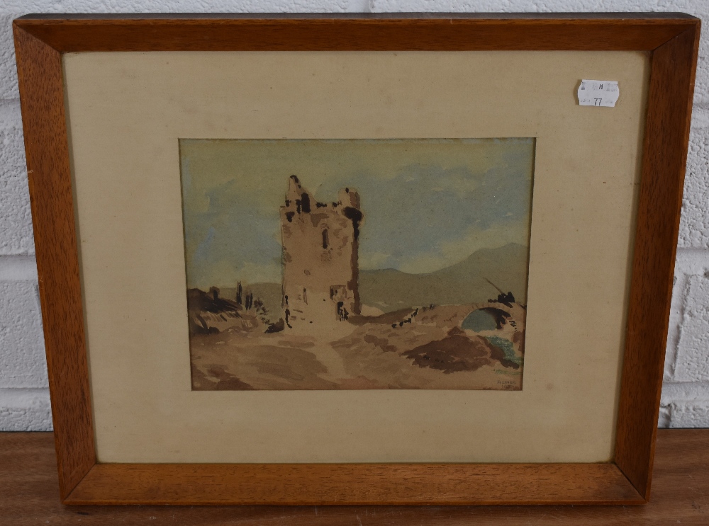A. Lines (19th/20th century) watercolours, ruined tower and bridge, signed and dated 1927 lower - Image 2 of 5