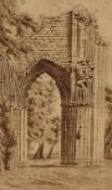 A 19th century monochrome watercolour, ruined abbey St Mary's Abbey York , initialled T.T lower lef