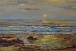 A 20th century Spanish oil on canvas, coastal scene at sunset, signed 'Rey' lower left, bearing V.