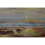 A 20th century Spanish oil on canvas, coastal scene at sunset, signed 'Rey' lower left, bearing V.