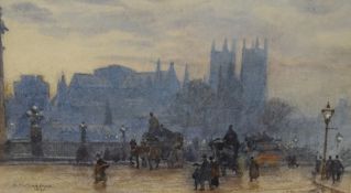 Herbert Menzies Marshall (1841-1913) watercolour, busy street scene with view of Westminster Abbey,