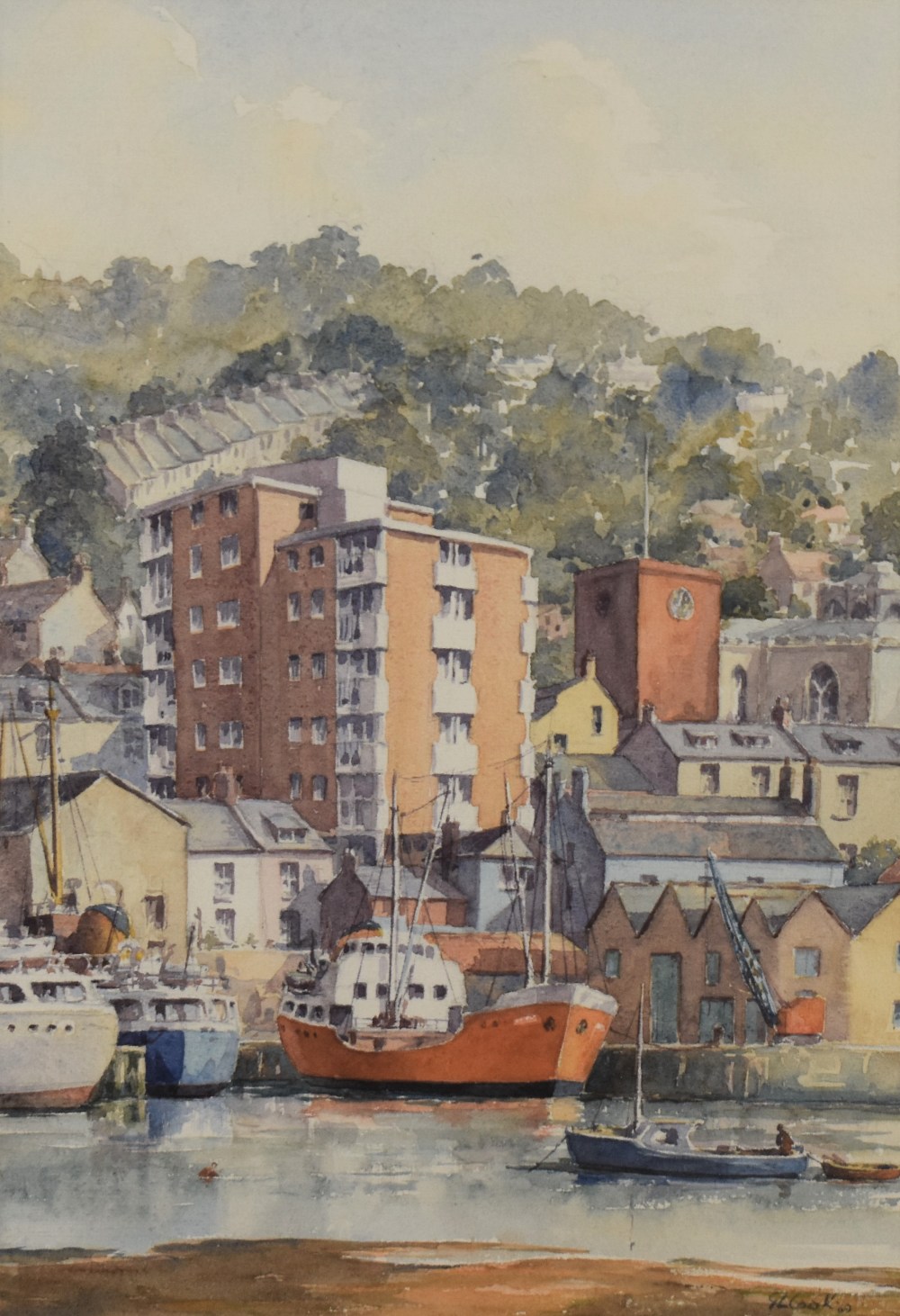 G.L Cook (British 20th century) watercolours, a nicely composed harbour scene with buildings