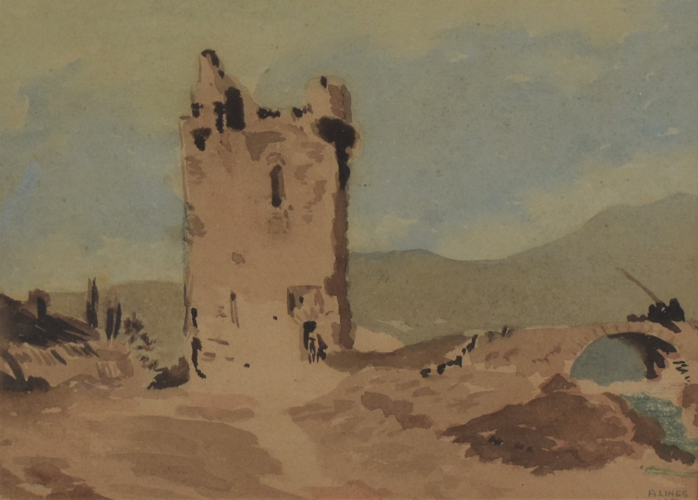 A. Lines (19th/20th century) watercolours, ruined tower and bridge, signed and dated 1927 lower