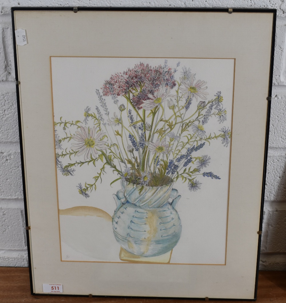 A 20th century watercolour, still life study, vase of flowers, monogrammed lower left within a - Image 2 of 3