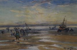 Thomas Swift Hutton (1865-1935) watercolours, coastal scene at sunrise with figures and boats on the
