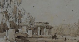 A 19th century pencil and watercolour sketch, a Continental rural dwelling with figures to the