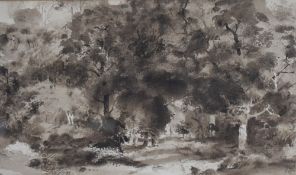 A 20th century monochrome watercolour, dense woodland, unsigned, unknown artist, within a stepped