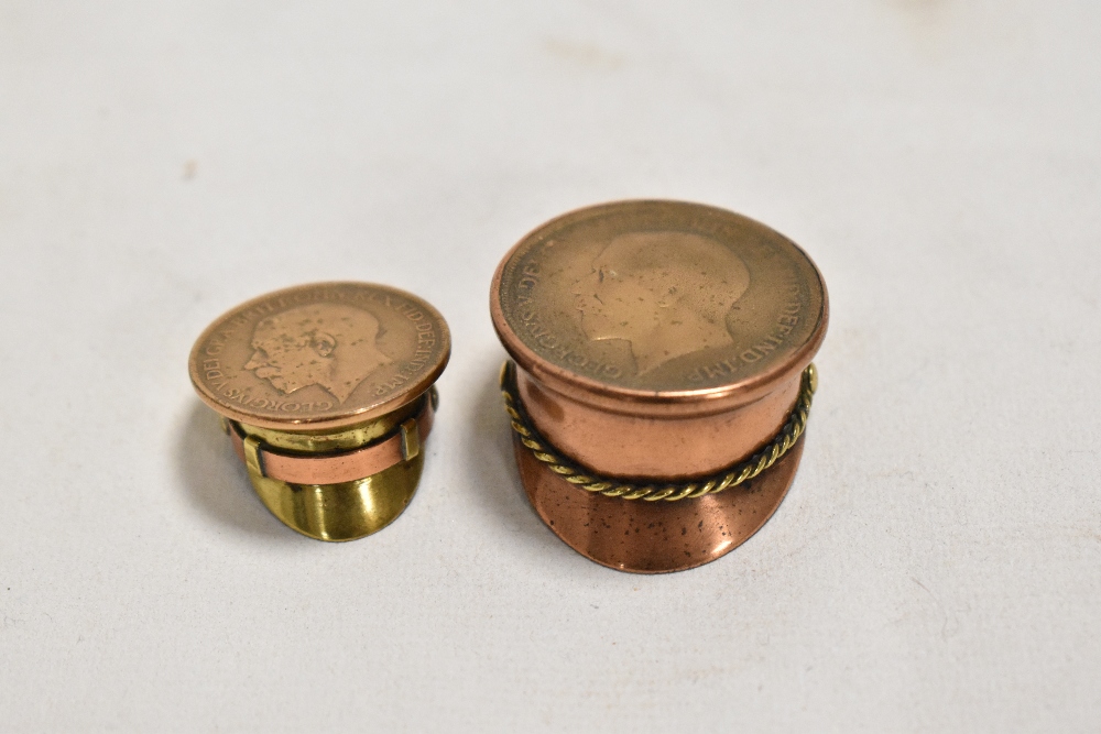 Two miniature trench art style military officers caps in fine detail, made from copper brass and