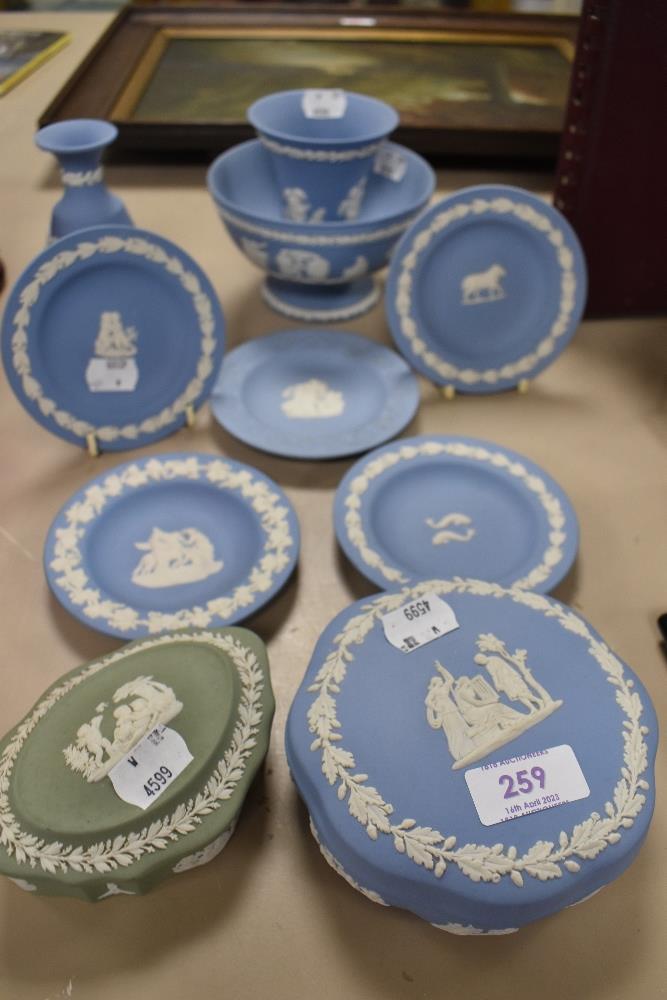 A selection of Wedgwood Jasper wares including sage green and sky blue.