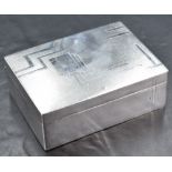 An imported silver cigarette box, of hinged rectangular form with etched Art Deco influenced