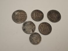 Six GB Silver Coins, James II 1687 Four Pence x2, George IV 1822 Anchor Quarter Dollar, George II