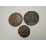 Three early USA Copper Coins, 1760 Farthing Hibernian Voce Populi Farthing (USA) large letters, 1783