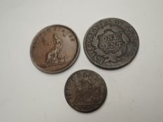 Three early USA Copper Coins, 1760 Farthing Hibernian Voce Populi Farthing (USA) large letters, 1783