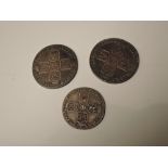 Three George II Silver Coins, 1758 Shilling, 1745 Lima and 1757 Sixpence