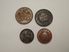 Four Commonwealth Coins, St Helena 1821 Half Penny, Sarawak 1863 1 Cent, Sarawak 1863 Half Cent