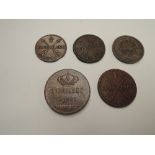 Five European Coins, Denmark 1855 Frederik VII Rigsdaler, Sweden 1817 Charles XIII Half Skilling,