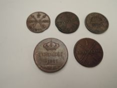 Five European Coins, Denmark 1855 Frederik VII Rigsdaler, Sweden 1817 Charles XIII Half Skilling,