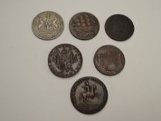Six GB Tokens & Medallions, (1)Thames & Severn Canal, MDCCXCV (1795) with Ship, bridge on opposite