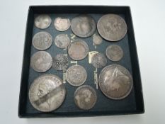 A collection of GB Silver Coins including Crowns 1935, 1893, 1820, Half Crowns 1689, Shillings 1787,
